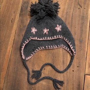 Vintage Lambswool Tassel Knit Floral Grey Pink Fringe Beanie Ski Snow Hat